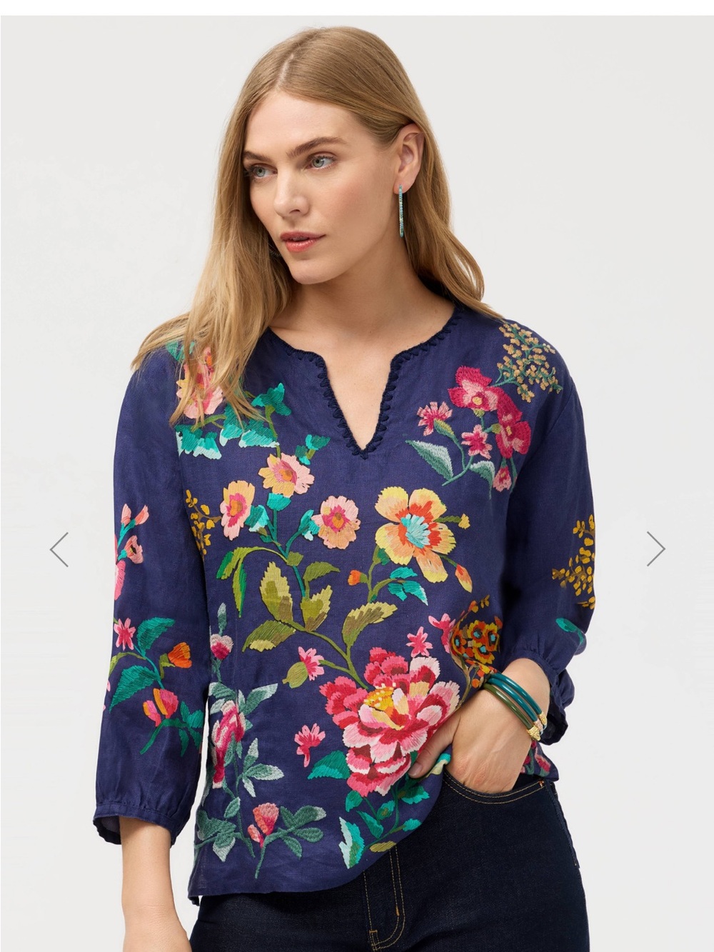 Johnny Was Embroidered Split Neck Linen Blouse